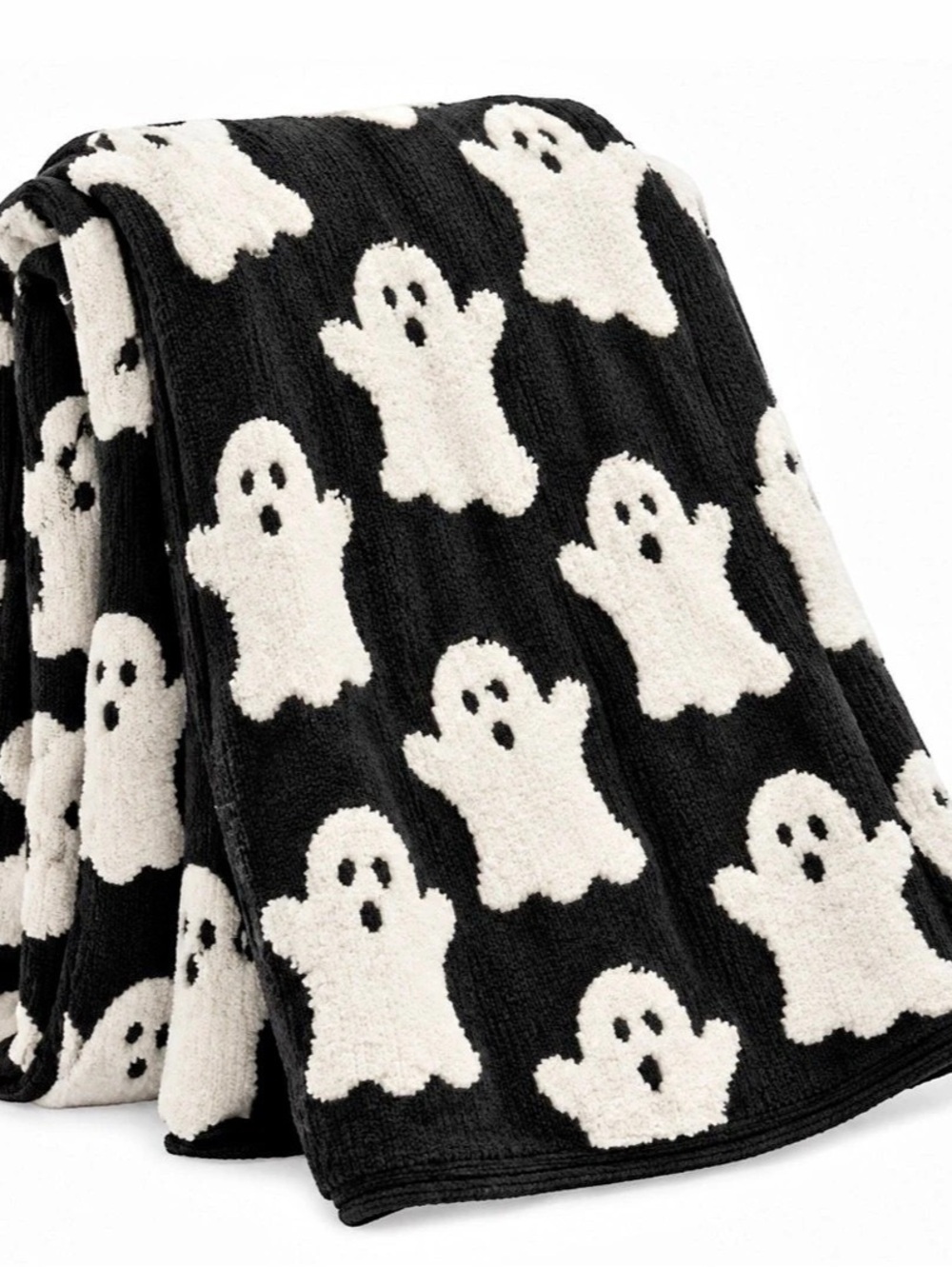 Ghost Halloween Reversible Throw Blanket Black White Knit Spooky NWT